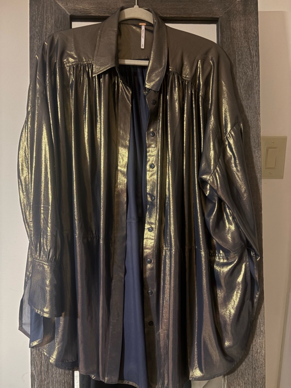 Free People Metallic Charcoal Shimmer Button-Front Blouse